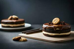 dos chocolate pasteles con Formación de hielo y canela en un de madera tablero. generado por ai foto