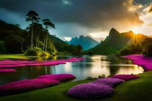 el Dom conjuntos terminado un lago con púrpura flores generado por ai foto