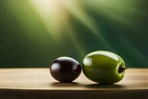 two green and red apples on a wooden table. AI-Generated photo