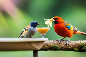 two birds eating from a drink on a branch. AI-Generated photo