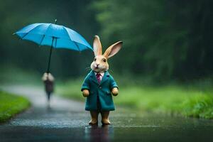 a rabbit in a suit and tie holding an umbrella. AI-Generated photo