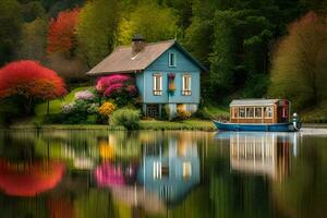 a house on the water with colorful trees. AI-Generated photo