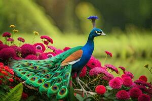 a peacock is standing in front of flowers. AI-Generated photo