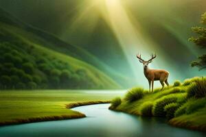 the deer is standing on the grassy hillside with the river flowing through it. AI-Generated photo