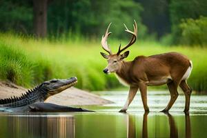 a deer and an alligator in the water. AI-Generated photo