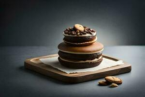 a stack of chocolate and peanut butter sandwiches on a wooden tray. AI-Generated photo