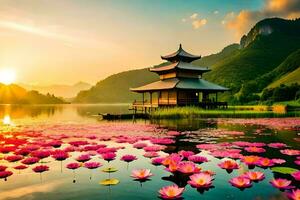 the lotus pond is a beautiful place to visit in the morning. AI-Generated photo