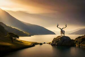 a deer stands on a rock in front of a lake. AI-Generated photo