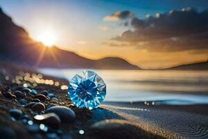 a diamond sits on the beach at sunset. AI-Generated photo