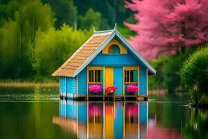 un pequeño casa en el agua con rosado flores generado por ai foto