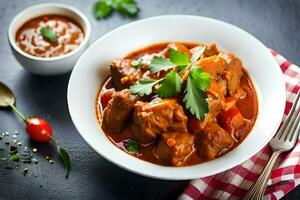 meat stew in a bowl with a red checkered cloth. AI-Generated photo