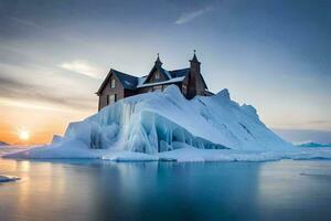 a house on an iceberg in the middle of the ocean. AI-Generated photo