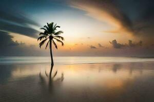 a lone palm tree stands on the beach at sunset. AI-Generated photo