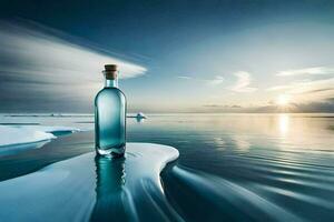 un botella de agua se sienta en el borde de un iceberg. generado por ai foto