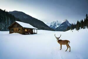 a deer stands in front of a cabin in the snow. AI-Generated photo