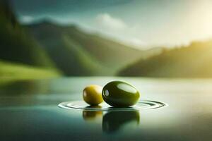 two green olives float in a lake with a mountain in the background. AI-Generated photo