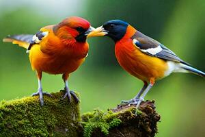 two colorful birds are standing on a branch. AI-Generated photo