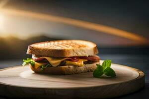 a grilled sandwich on a wooden board with the sun in the background. AI-Generated photo