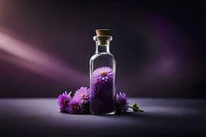 purple flowers in a bottle on a table. AI-Generated photo