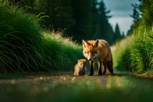 a fox and her cub walking down a path. AI-Generated photo