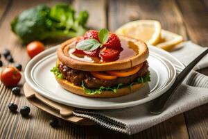 a hamburger with vegetables and fruit on a plate. AI-Generated photo