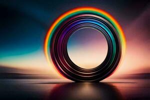 un arco iris de colores anillo es mostrado en el medio de un oscuro antecedentes. generado por ai foto