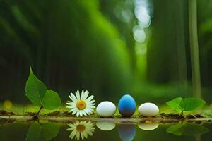 three blue eggs are sitting on a log in the middle of a pond. AI-Generated photo