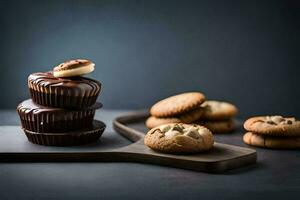 chocolate cupcakes and cookies on a cutting board. AI-Generated photo