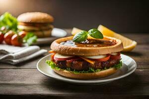 a hamburger with vegetables and tomatoes on a plate. AI-Generated photo