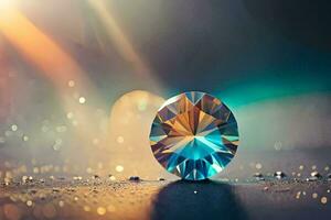 a diamond on a table with a bright light. AI-Generated photo