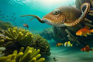 un pescado nadando en el Oceano con coral y pez. generado por ai foto