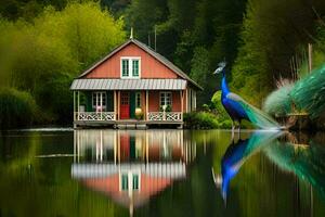 a peacock stands in front of a house on the water. AI-Generated photo