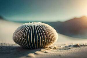 a book on the sand with a sun in the background. AI-Generated photo