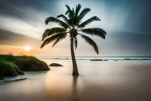 un palma árbol soportes solo en un playa a puesta de sol. generado por ai foto