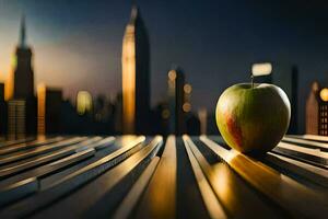 an apple sits on a table in front of a city skyline. AI-Generated photo