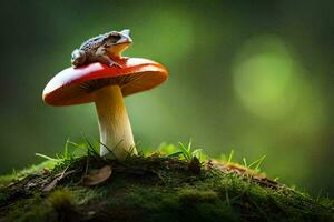 a frog sits on top of a red mushroom. AI-Generated photo