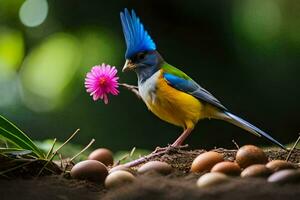 un azul y amarillo pájaro con un rosado flor en sus pico. generado por ai foto