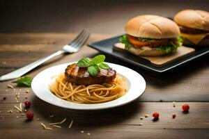 a plate with spaghetti and hamburgers on it. AI-Generated photo