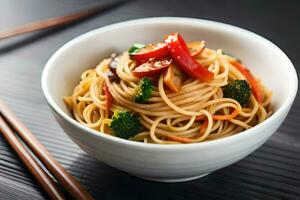 chinese noodles in a bowl with chopsticks. AI-Generated photo