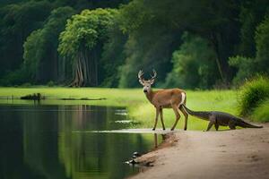 a deer and an alligator standing next to a river. AI-Generated photo
