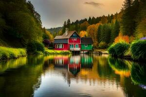 a colorful house sits on the edge of a lake. AI-Generated photo