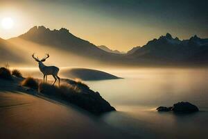 un ciervo soportes en el apuntalar de un lago a amanecer. generado por ai foto