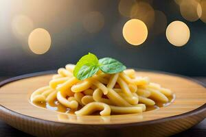 un plato de pasta con un hoja en él. generado por ai foto