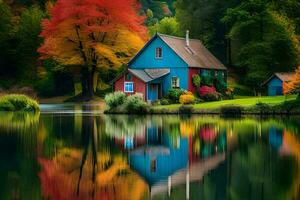 colorful house by the lake with colorful trees. AI-Generated photo