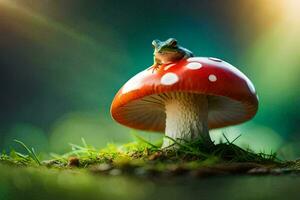 a frog sits on top of a mushroom in the forest. AI-Generated photo