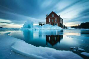 a house on an ice floe in the middle of the lake. AI-Generated photo