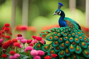 a peacock is standing in a field of flowers. AI-Generated photo