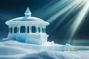 a gazebo sits on top of an ice covered lake. AI-Generated photo