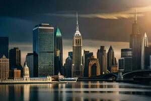 the city skyline in new york is reflected in the water. AI-Generated photo