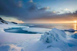 the sun sets over an iceberg in the ocean. AI-Generated photo